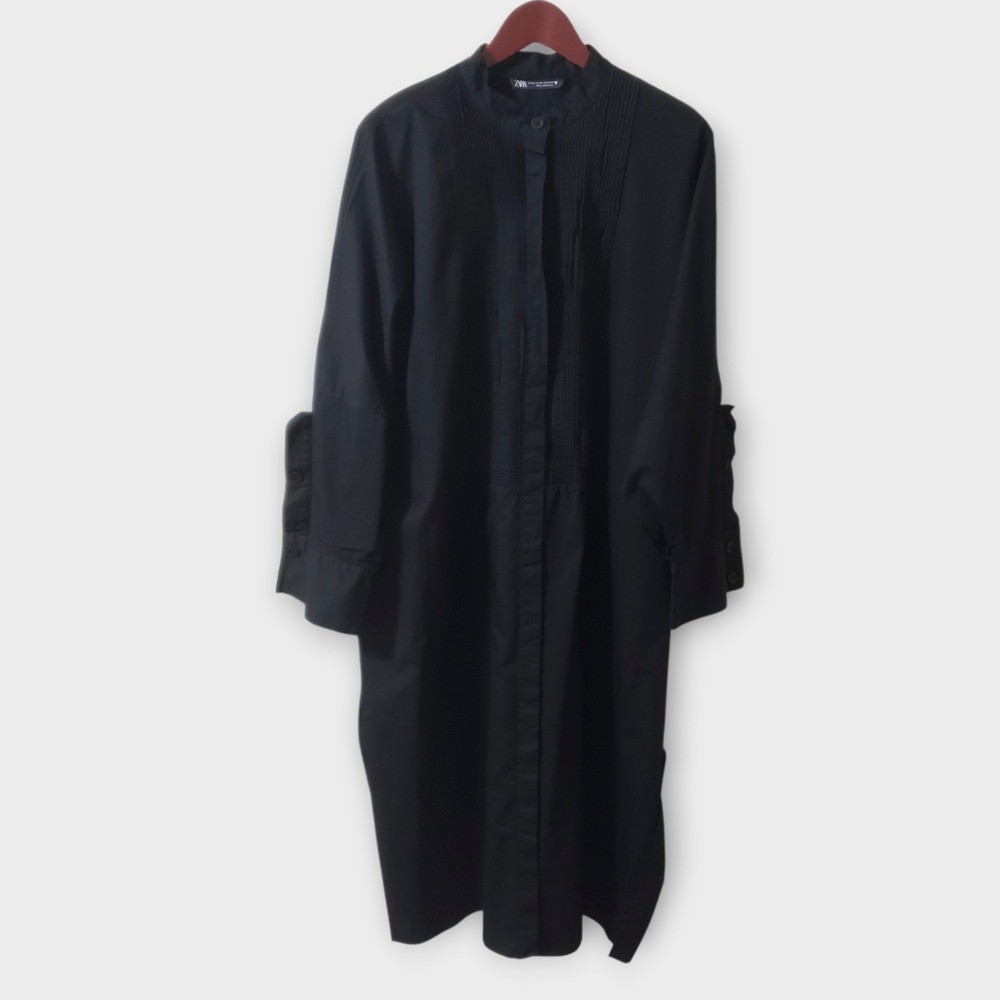 Zara Womens Kaftan Maxi Shirtdress Black Size M-L Pintuck Pleated Oversized